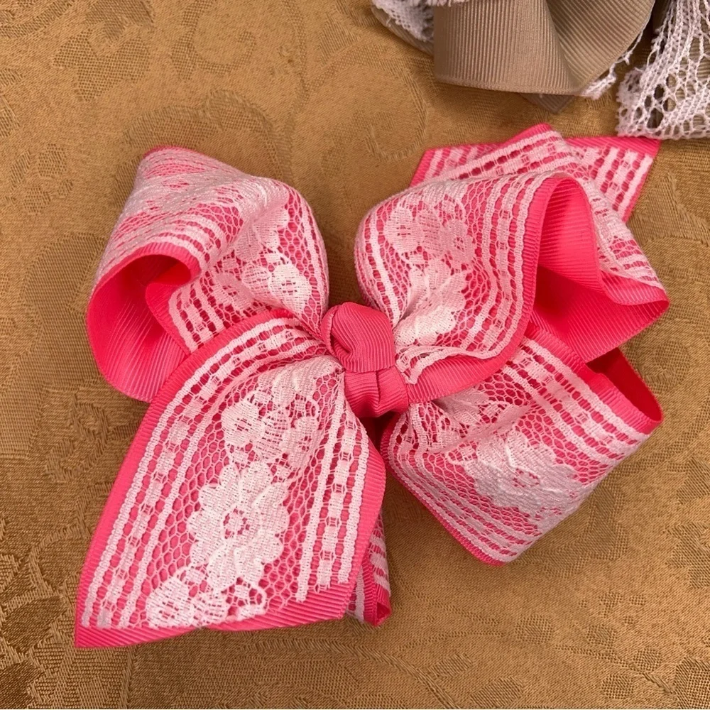 SET OF 3 PINK CHEER BOWS LACE COLORFUL LARGE HAIR ACCESSORIES